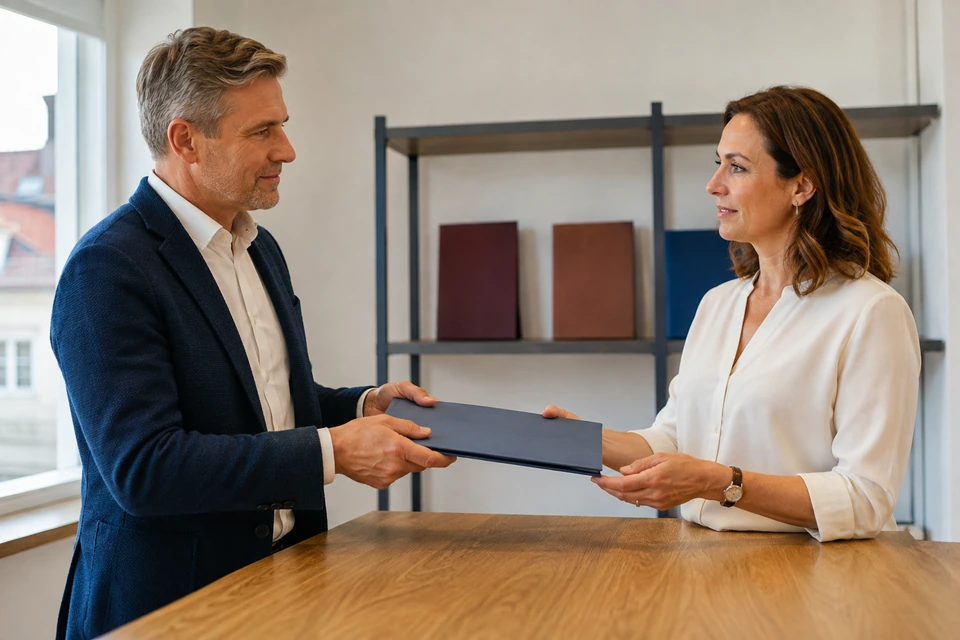 Symbolische Übergabe einer vollständig vorbereiteten Immobilienmappe